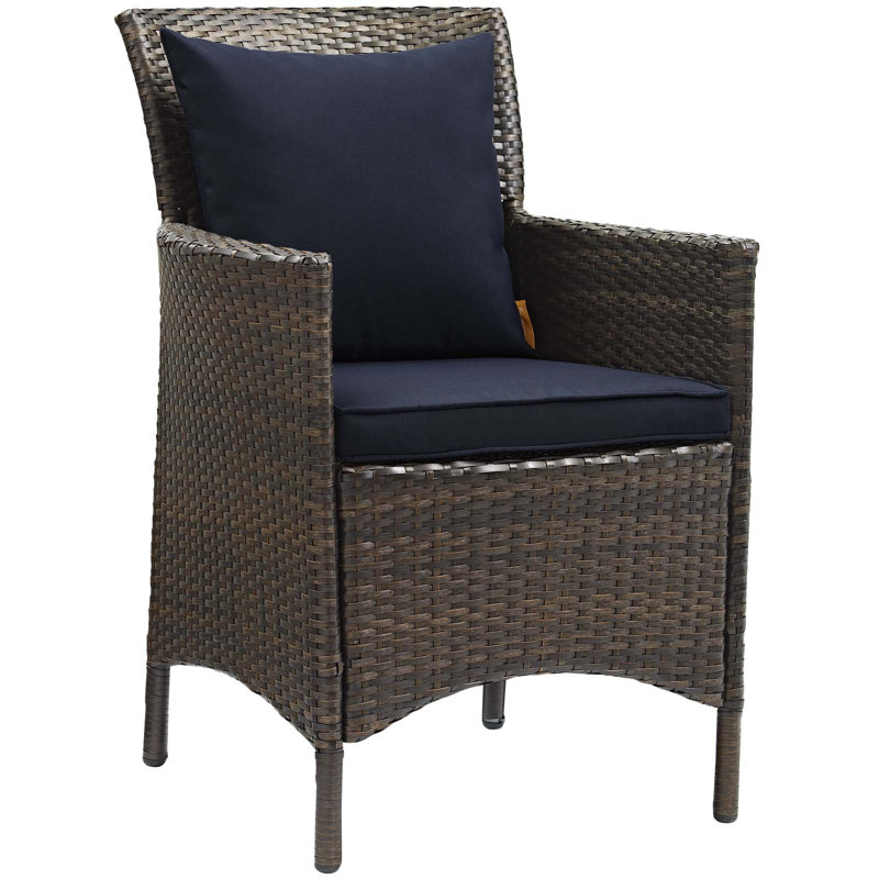 Brown and Turquoise Wicker Rattan Outdoor Dining Chairs, Set of 2