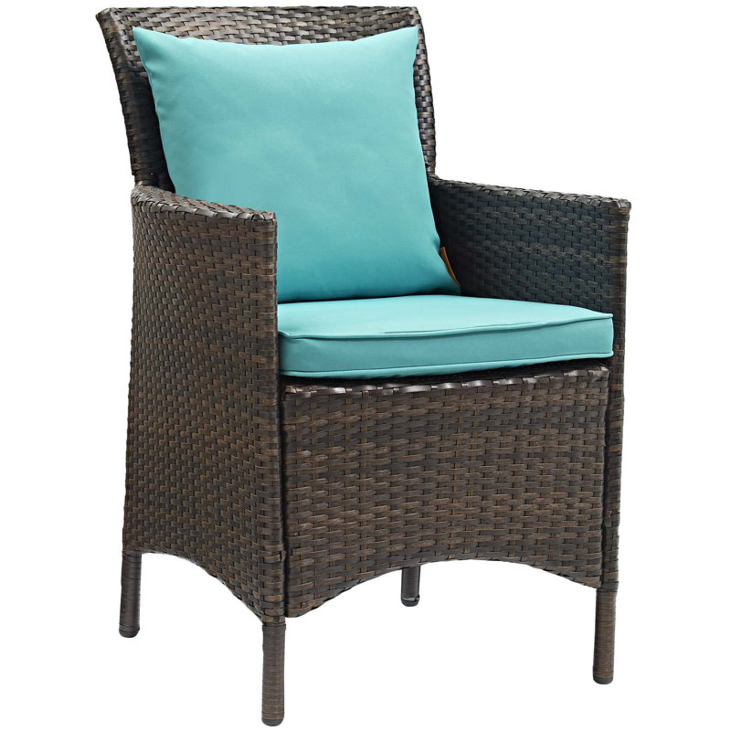 Brown and Turquoise Wicker Rattan Outdoor Dining Chairs, Set of 2
