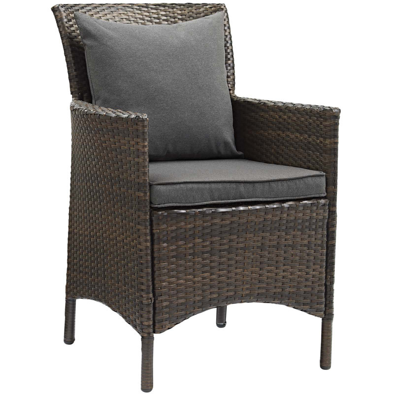 Brown and Turquoise Wicker Rattan Outdoor Dining Chairs, Set of 2