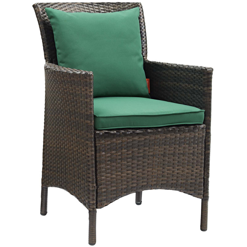 Brown and Turquoise Wicker Rattan Outdoor Dining Chairs, Set of 2