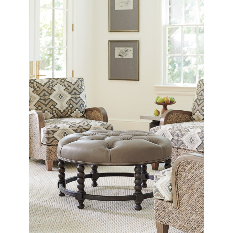 Barclay Butera 39" Tufted Leather Ottoman in Brown