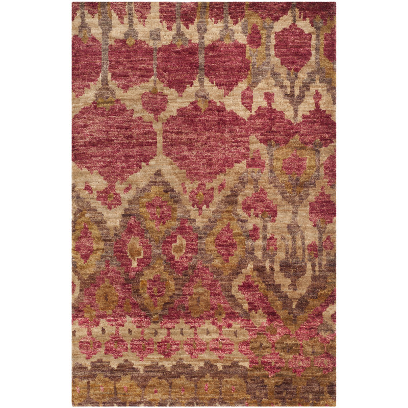 Hand-Knotted Red Ikat Print Bohemian Area Rug