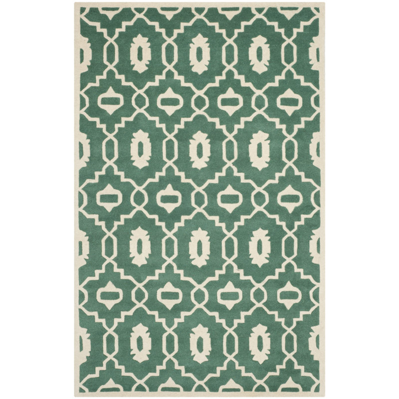 Teal and Ivory Hand-Tufted Wool Geometric Rug 8' x 10'
