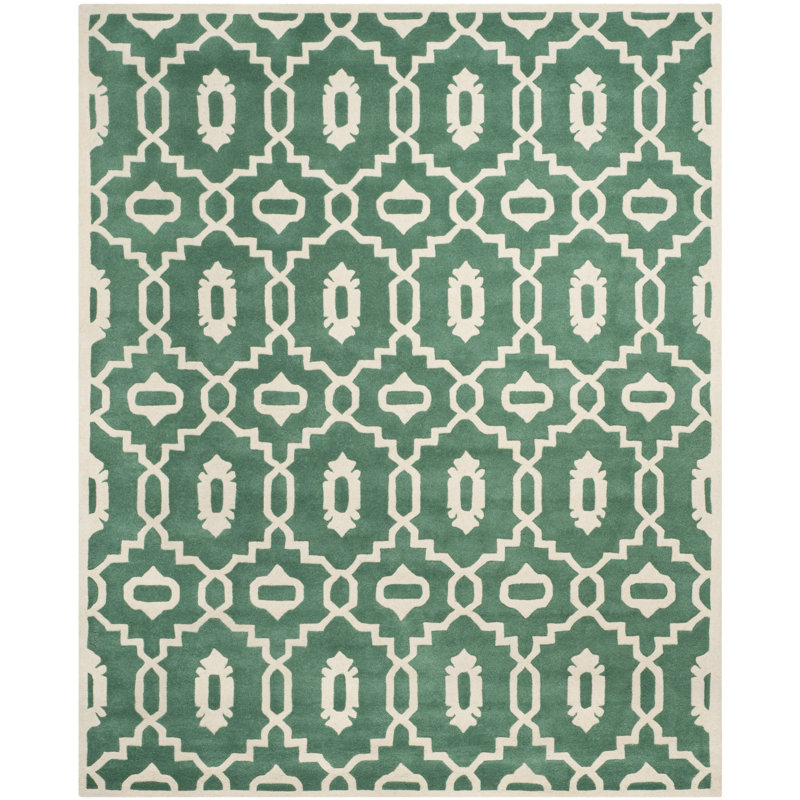 Teal and Ivory Hand-Tufted Wool Geometric Rug 8' x 10'