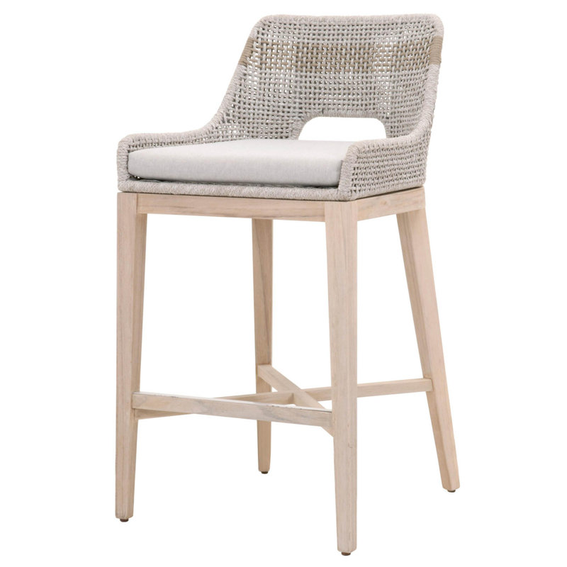 Light Gray Wood and Metal Bar Stool with Upholstered Seat