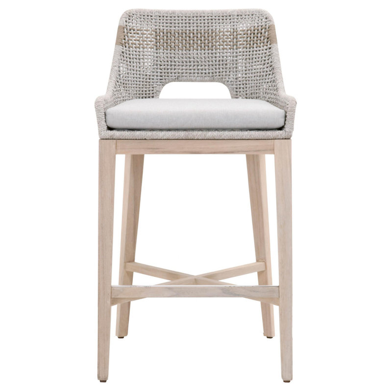 Light Gray Wood and Metal Bar Stool with Upholstered Seat