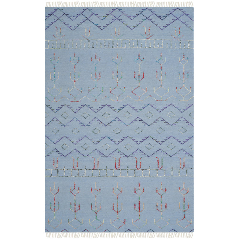 Heilig Hand-Knotted Blue Wool and Silk Southwestern 5' x 8' Rug