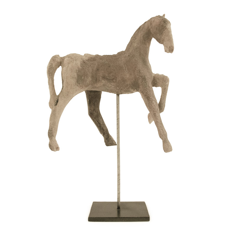 Distressed Taupe Resin Horse Figurine on Black Stand