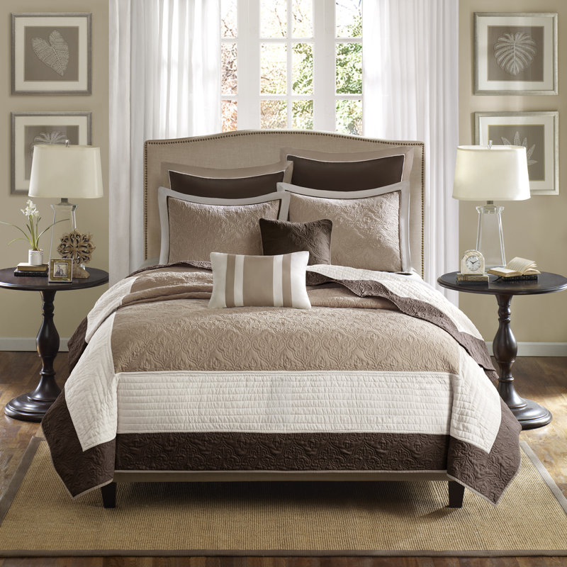 Brown and Beige Reversible Microfiber Coverlet Set with Shams