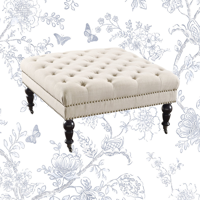 Isabelle 35" Tufted Linen Ottoman with Nailhead Accents