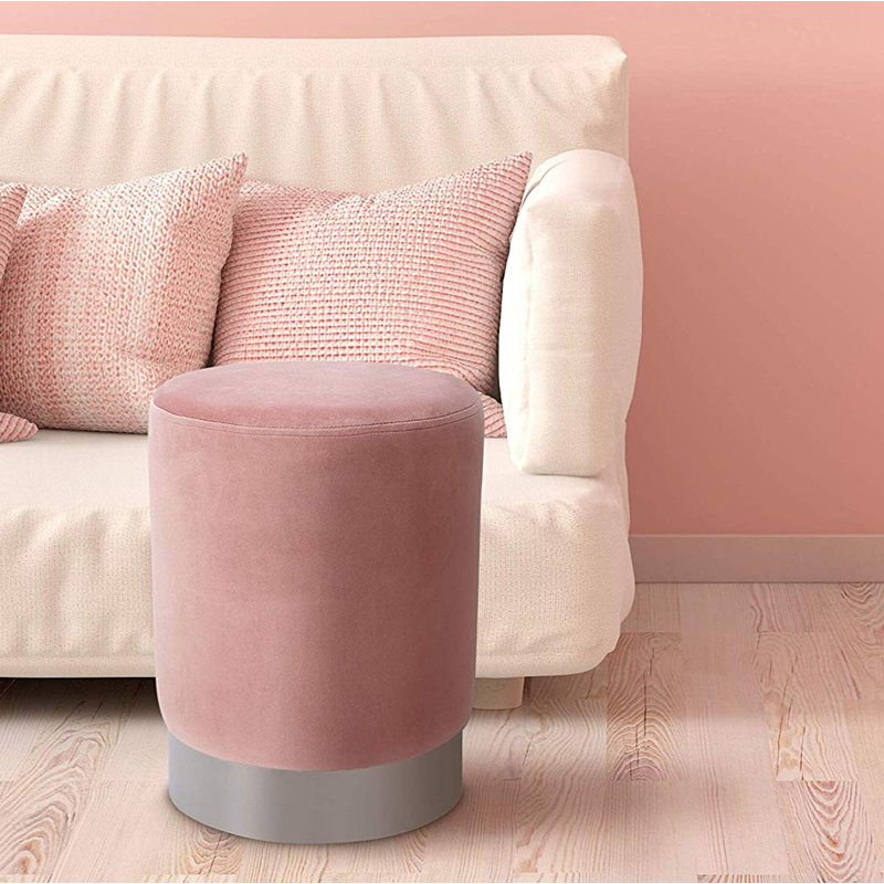 Dusty Rose Velvet Round Ottoman with Silver Base
