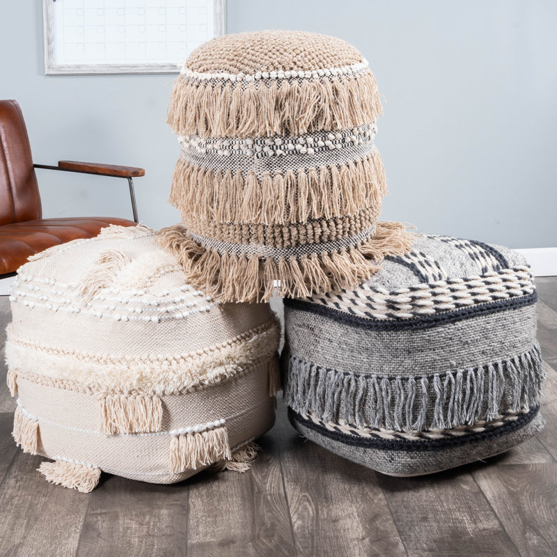 Brynn Square Gray Cotton-Wool Tasseled Pouffe 110"