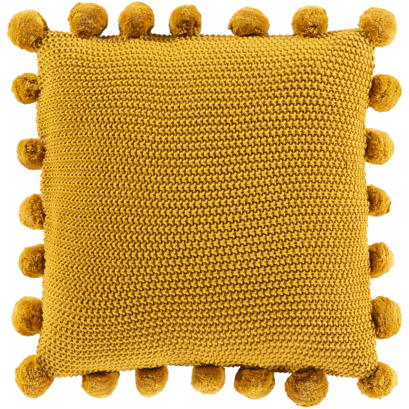 Mustard Cotton Square Kids Pillow Cover with Pom Poms