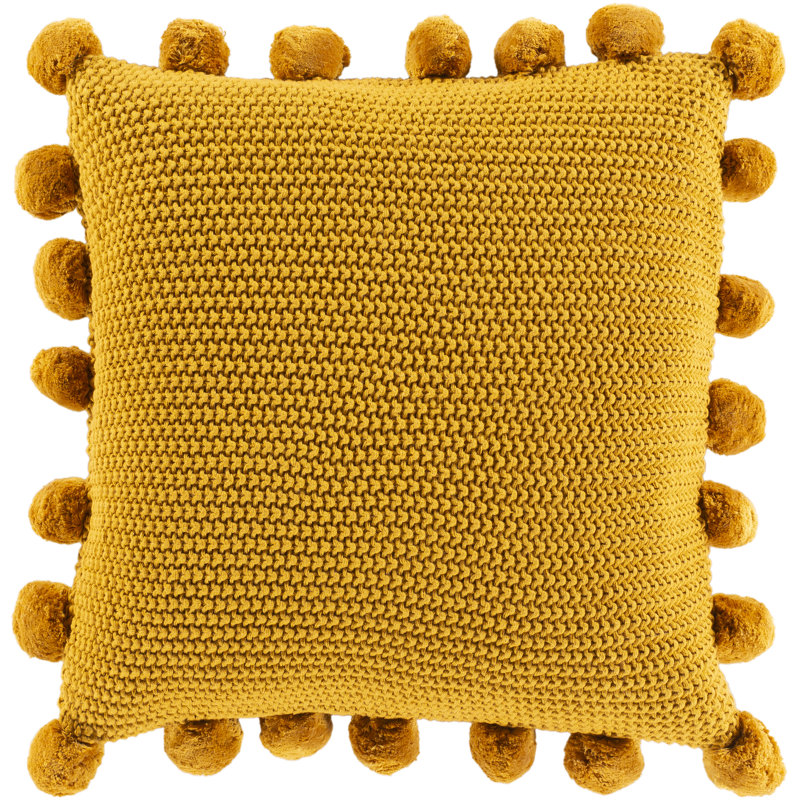 Mustard Cotton Square Kids Pillow Cover with Pom Poms