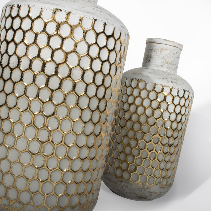 White and Gold Cylindrical Metal Table Vase Set