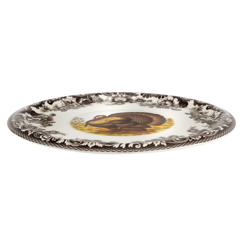 Round Ceramic Woodland Turkey Serving Platter with Dome