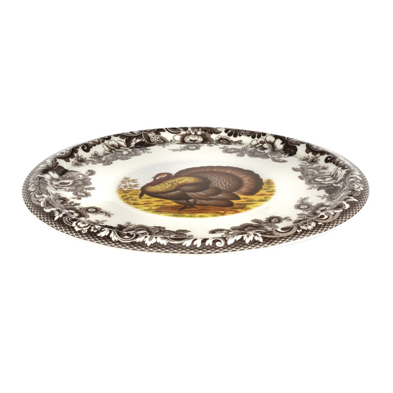 Round Ceramic Woodland Turkey Serving Platter with Dome