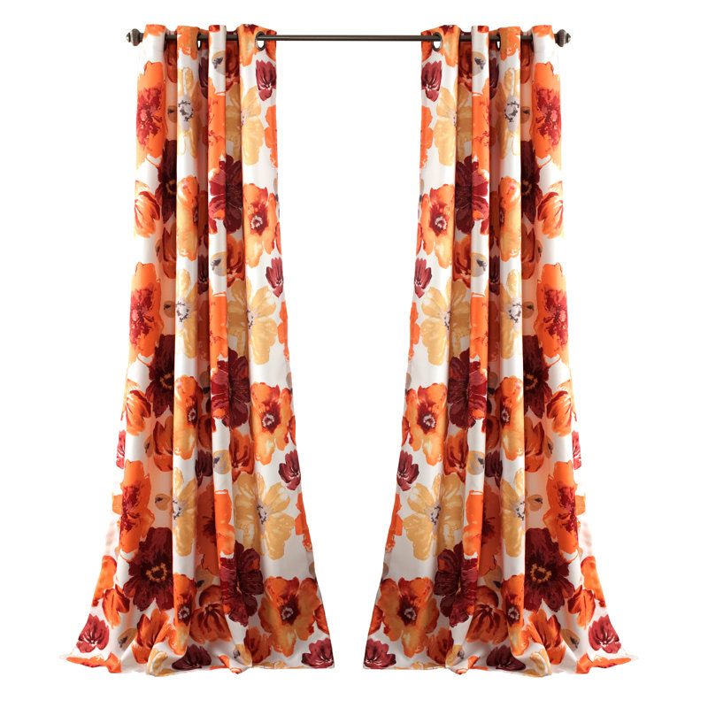 Red and Orange Floral Blackout Grommet Drapes, 52"x84"
