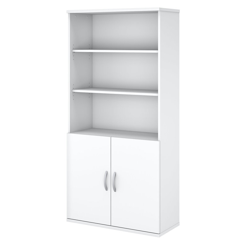 Pure White Contemporary 5-Shelf Bookcase with Adjustable Shelves and Doors