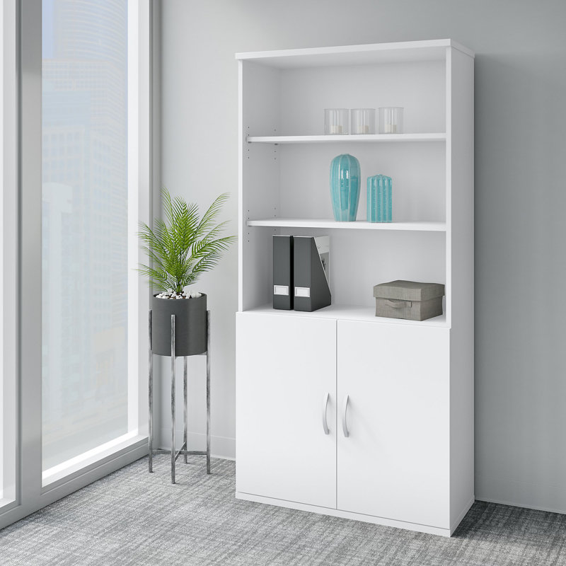 Pure White Contemporary 5-Shelf Bookcase with Adjustable Shelves and Doors