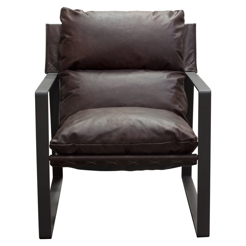 Miller Genuine Chocolate Leather Sling Armchair with Black Metal Frame