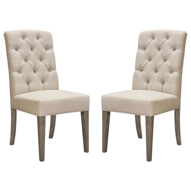 Gray Tufted Linen Upholstered Side Chair with Wood Legs