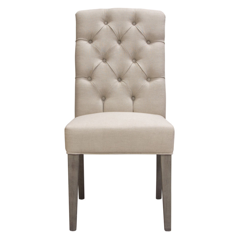 Gray Tufted Linen Upholstered Side Chair with Wood Legs