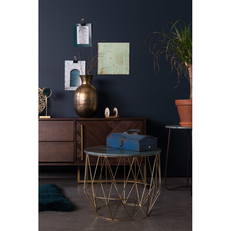 Green Marble Top Round End Table with Metal Base