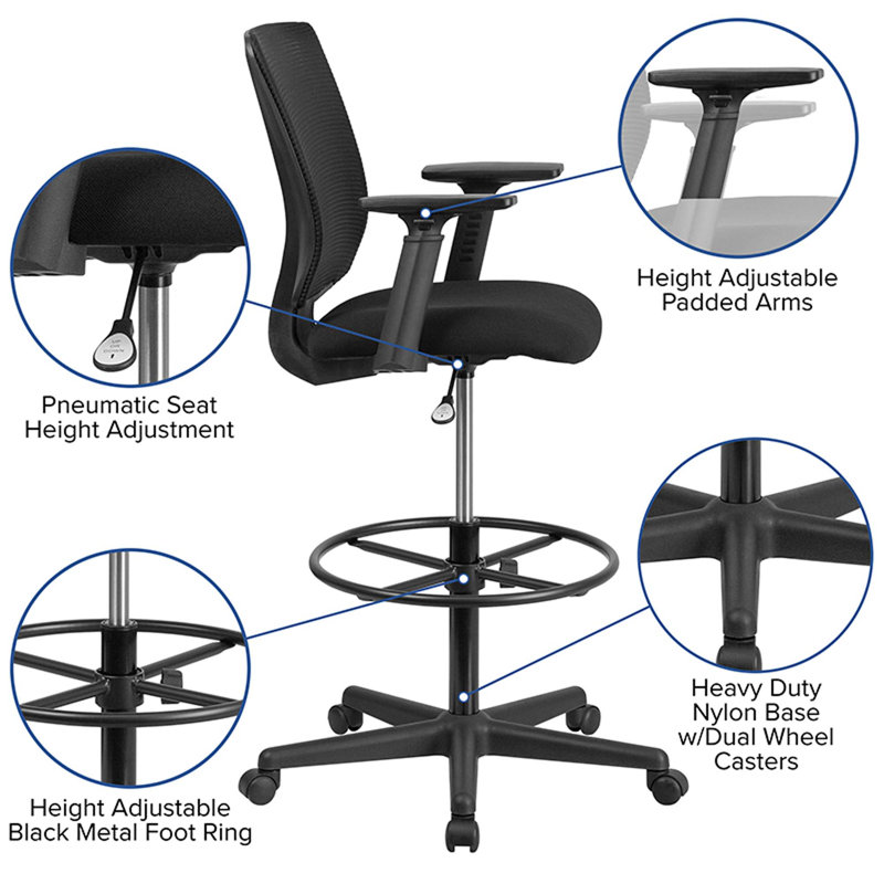 ErgoFlex Mid-Back Mesh Drafting Chair with Adjustable Arms and Black Fabric Seat