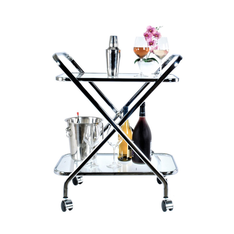 Sophisticated Chrome and Glass X-Shape Bar Cart with Locking Wheels
