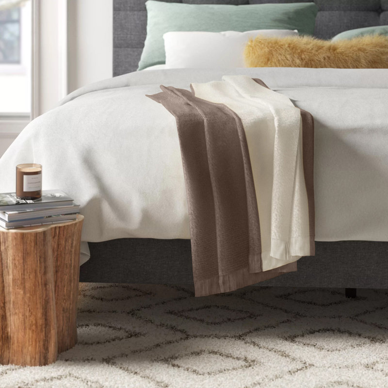 Taupe and Off-White Acrylic Fringed Throw Blanket