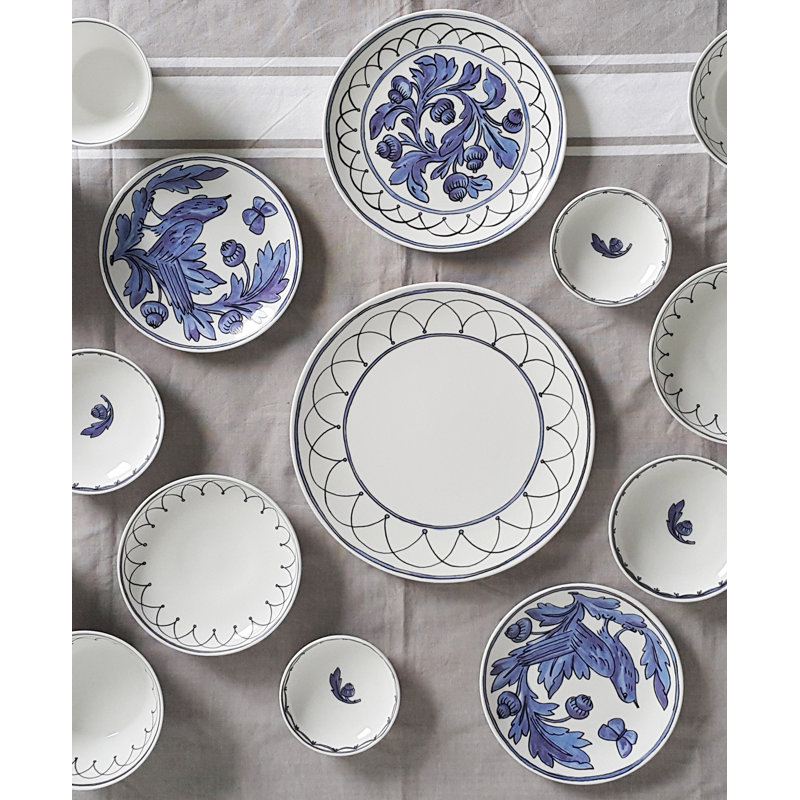 Blue Bird Porcelain Bread Plates with Floral Print, Set of 2