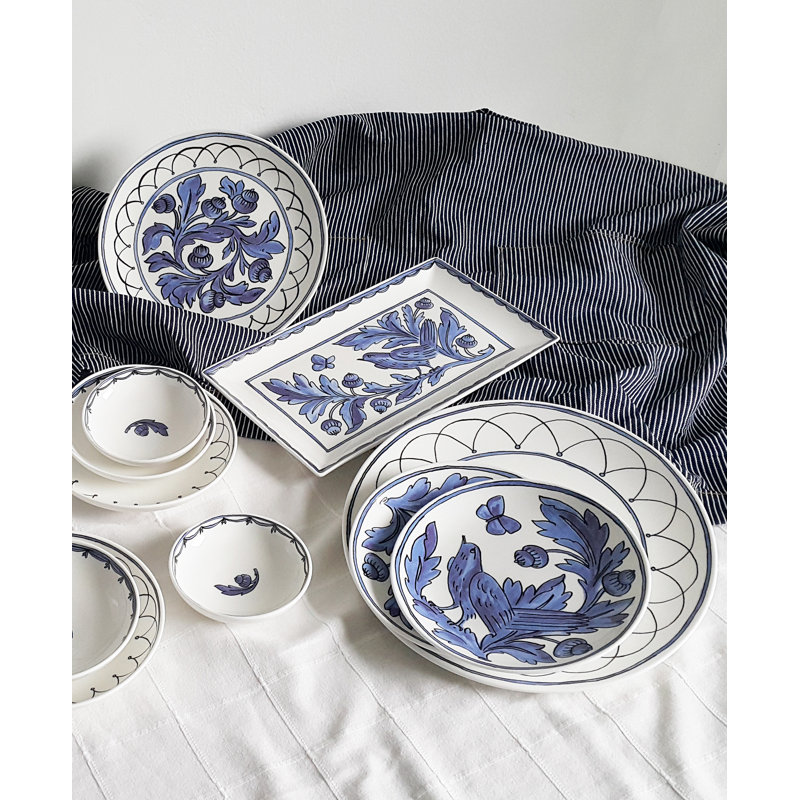 Blue Bird Porcelain Bread Plates with Floral Print, Set of 2