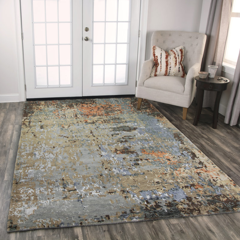 Elegant Gray Abstract Hand-Knotted Wool & Viscose 8' x 10' Rug