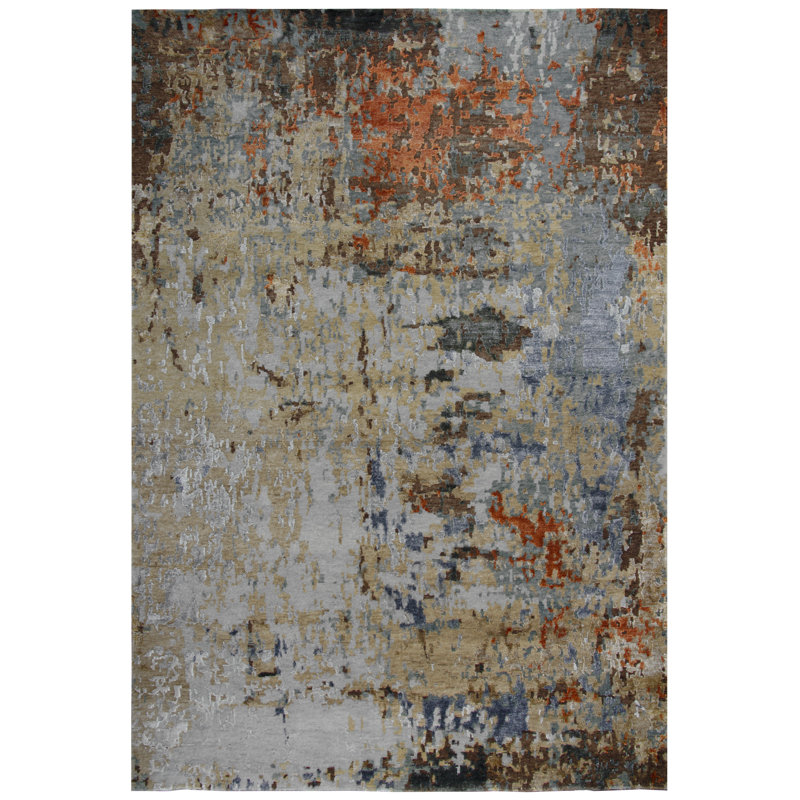 Elegant Gray Abstract Hand-Knotted Wool & Viscose 8' x 10' Rug