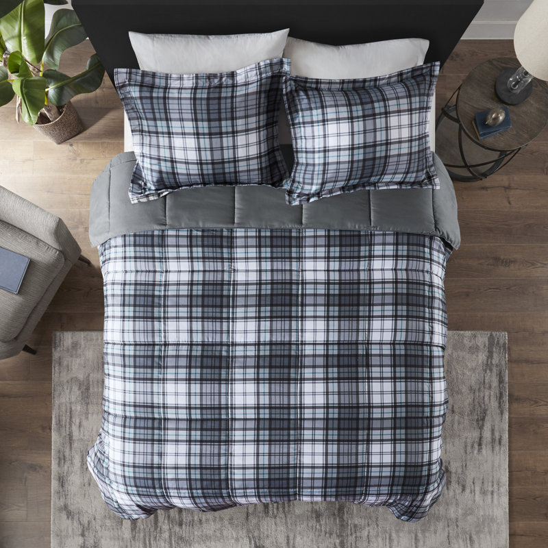 Gray Plaid Full Down Alternative Microfiber Comforter Set