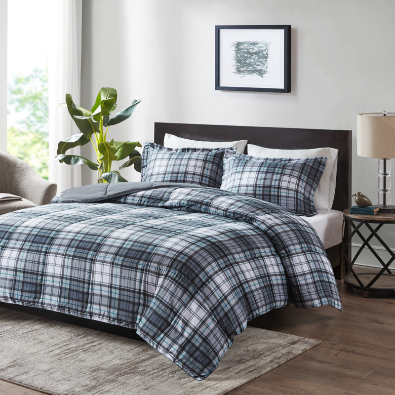 Gray Plaid Full Down Alternative Microfiber Comforter Set
