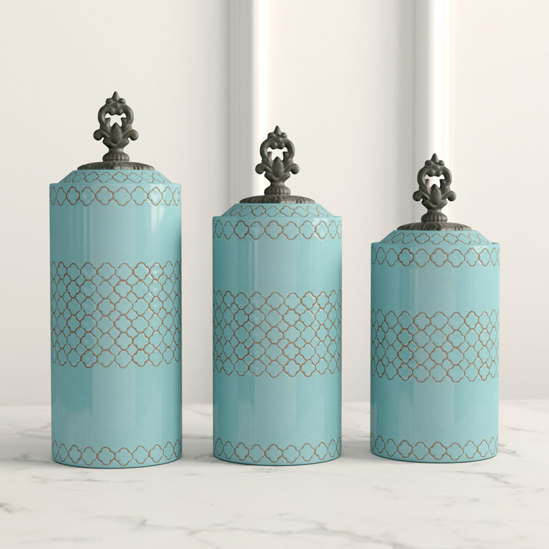 Elegant Blue Antique Ceramic Kitchen Canister 3-Piece Set