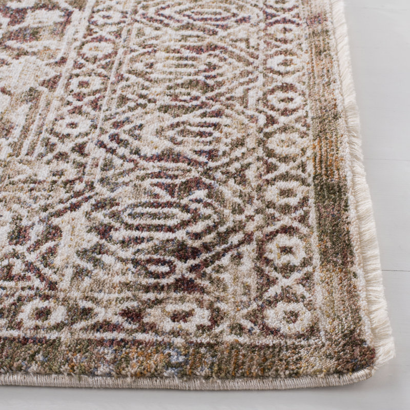 Ivory and Brown Square Hand-Knotted Synthetic Rug