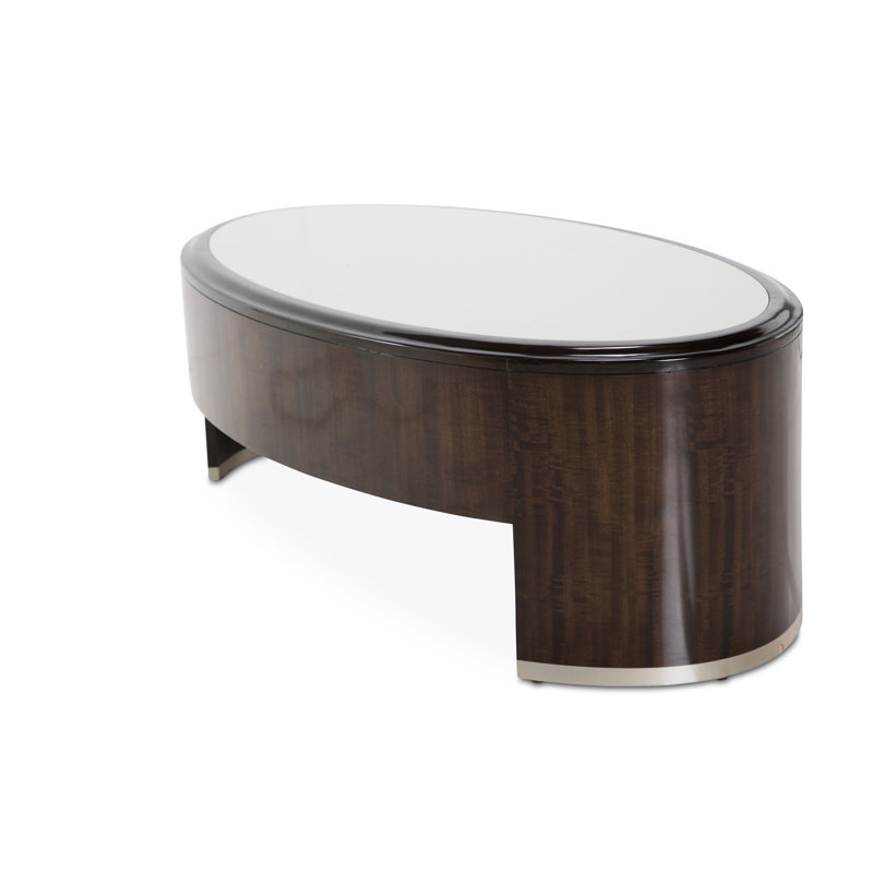Transitional Brown and White Oval Wood Coffee Table with Storage