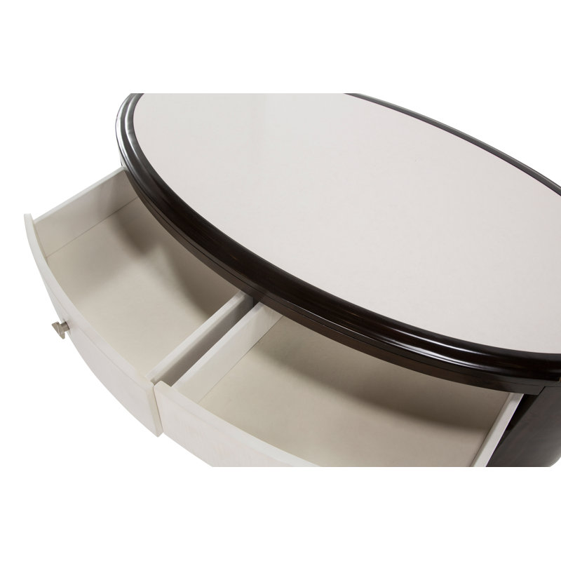 Transitional Brown and White Oval Wood Coffee Table with Storage