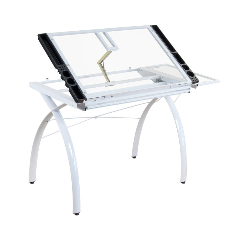 Futura 58'' White Glass Drafting Craft Table with Adjustable Top and Folding Shelf