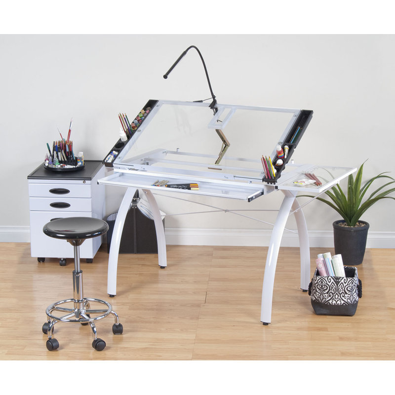 Futura 58'' White Glass Drafting Craft Table with Adjustable Top and Folding Shelf