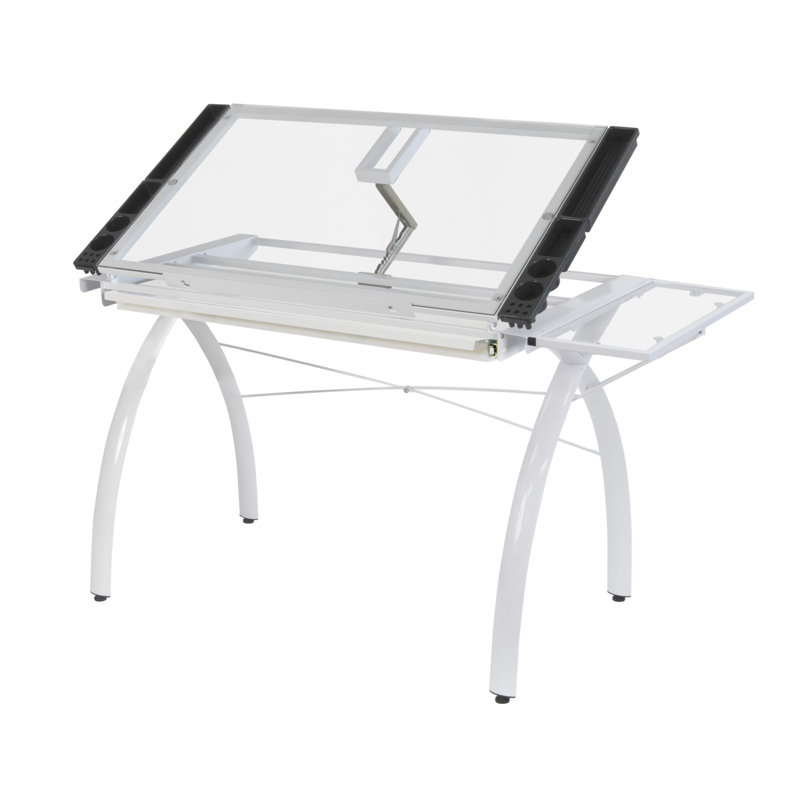 Futura 58'' White Glass Drafting Craft Table with Adjustable Top and Folding Shelf