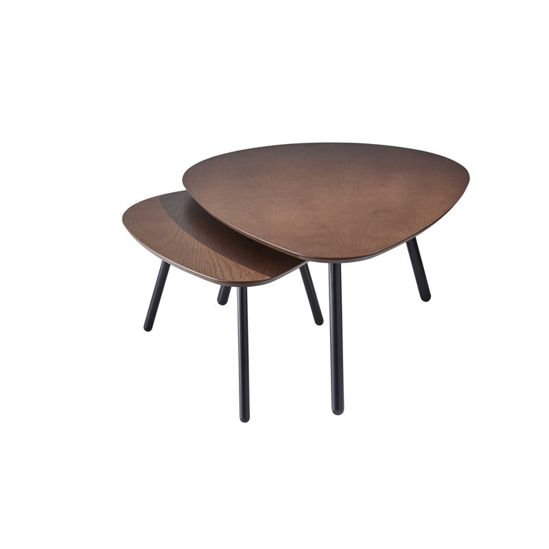 Walnut Oak Veneer Round Nesting Coffee Table with Matte Black Legs
