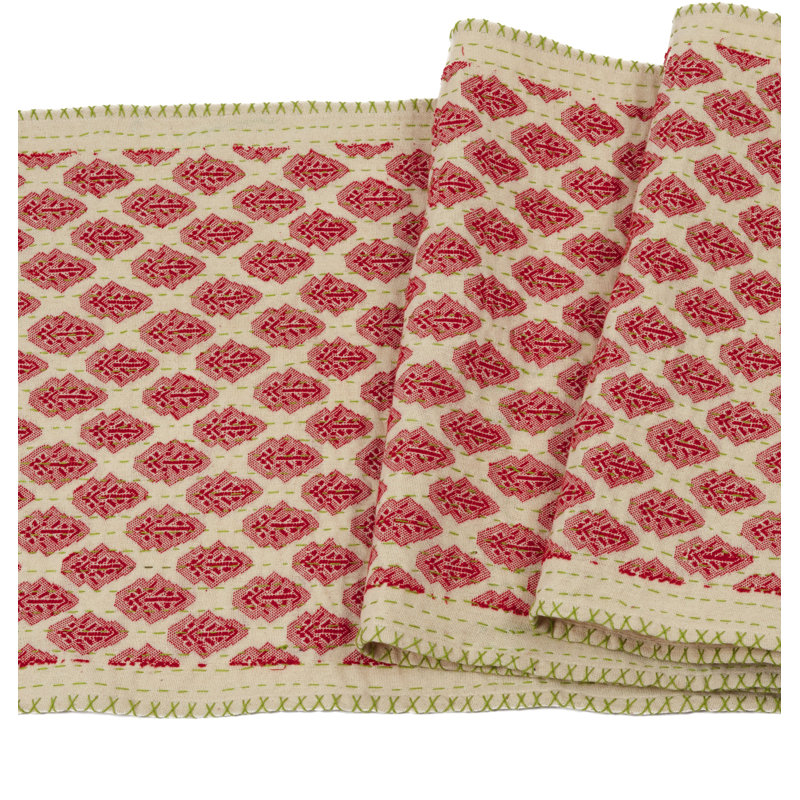 Handcrafted Red and Beige Cotton Table Runner