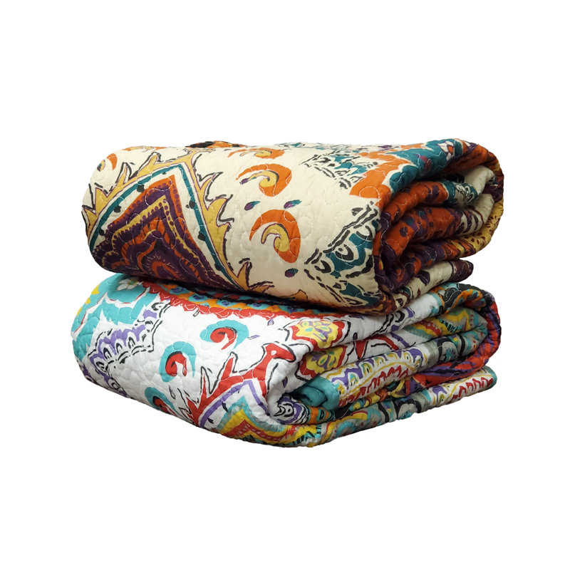 Nirvana Quilted Cotton Throw in Blue, Purple, Red - Reversible and Washable