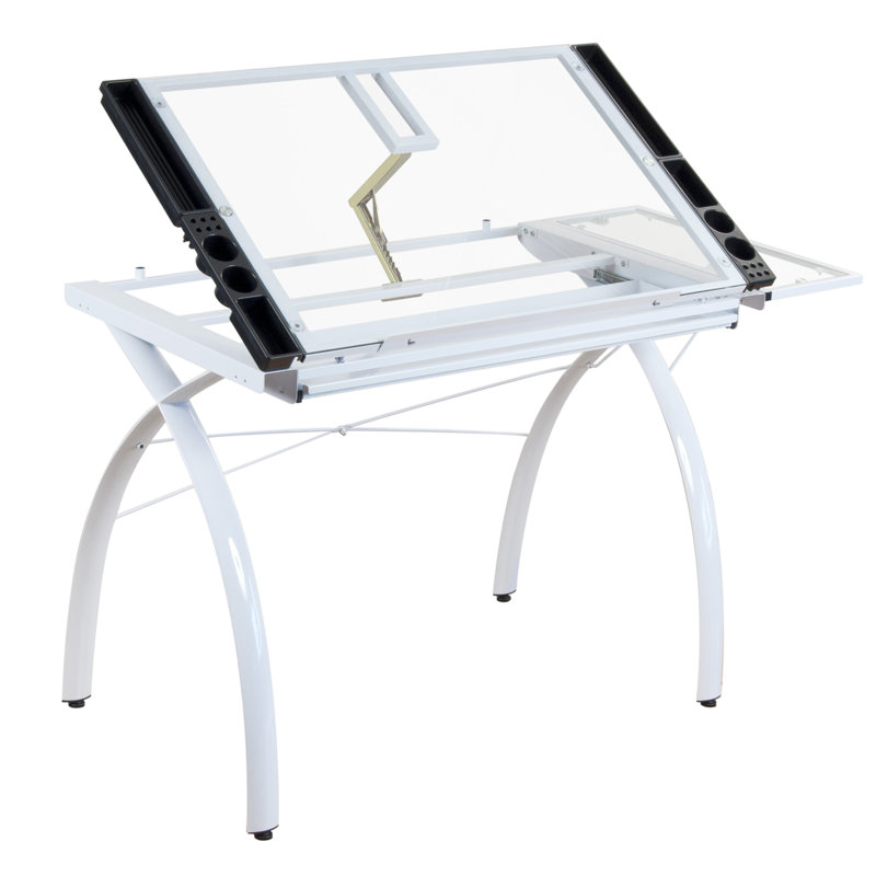 Futura 58'' White Glass Drafting Craft Table with Adjustable Top and Folding Shelf