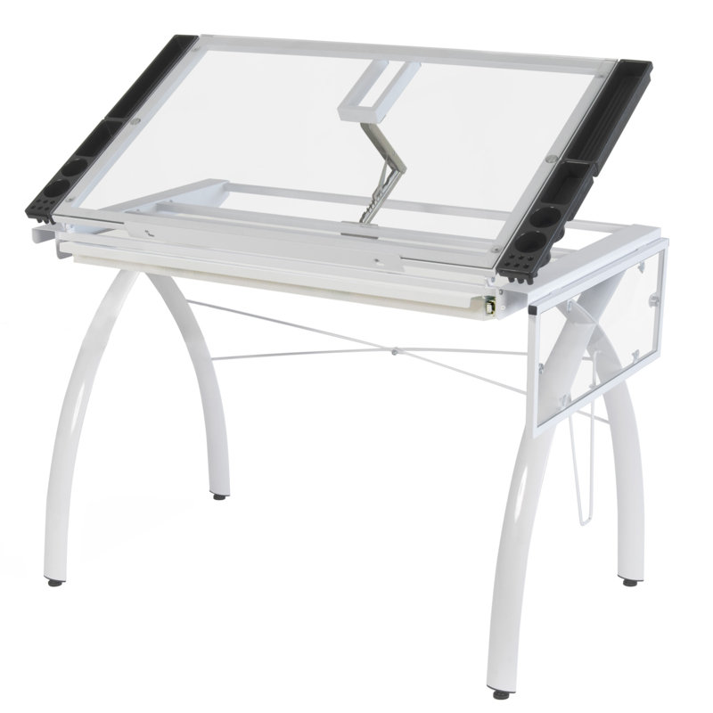 Futura 58'' White Glass Drafting Craft Table with Adjustable Top and Folding Shelf