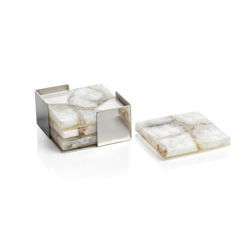 Taupe and White Agate Stone Square Coaster Set with Holder